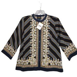 Bob Mackie Bombay Placement Print Long Sleeve Button Front Blouse Multi Size L